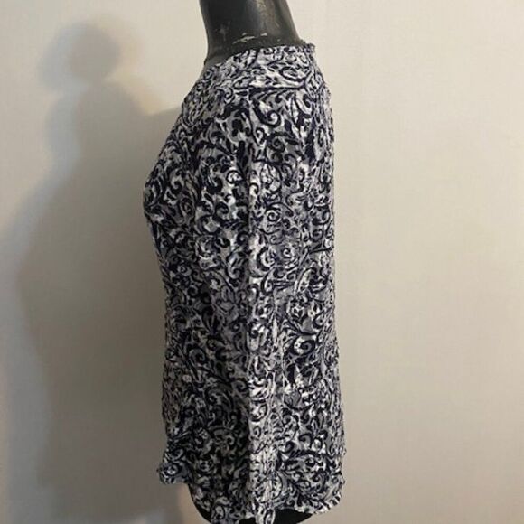 Rafaella Blue/Gray/White Paisley 3/4 sheer sleeves Peplum top, size L - Picture 2 of 5